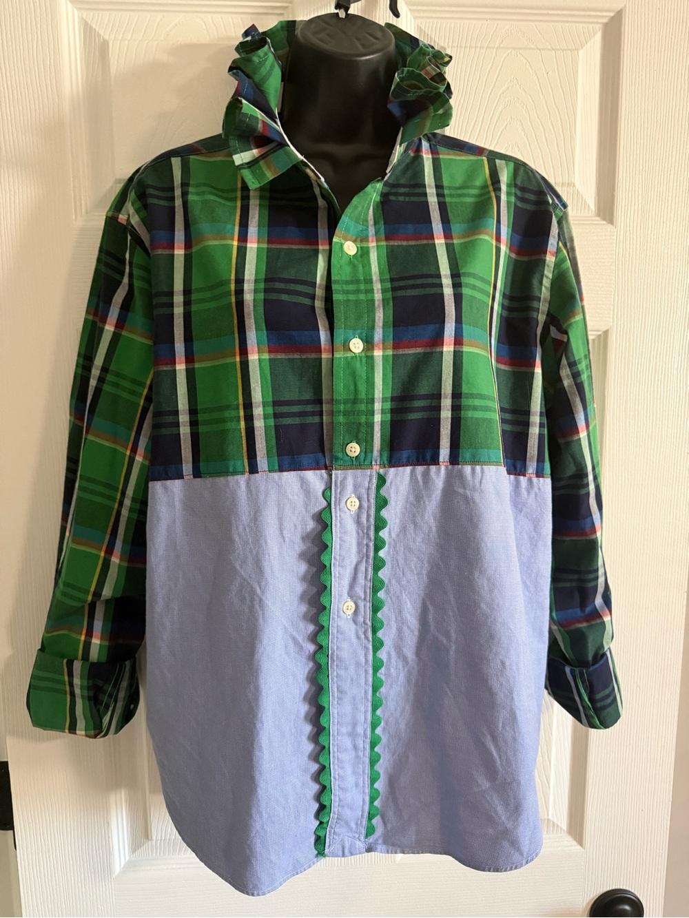 Men's upcycled RL Polo Green Plaid and Light Blue Panel Button-Down Shirt